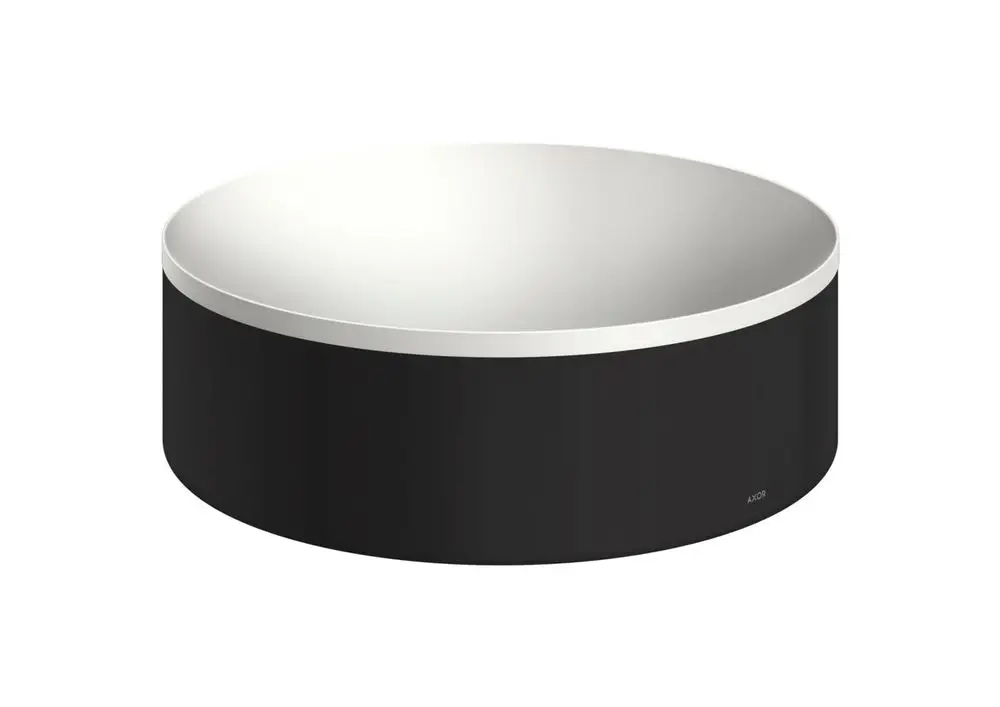Runder Aufsatzwaschtisch in mattschwarz von AXOR, ohne Hahnloch und Überlauf, mit einer glatten, weißen Innenseite und einem minimalistischen Design.